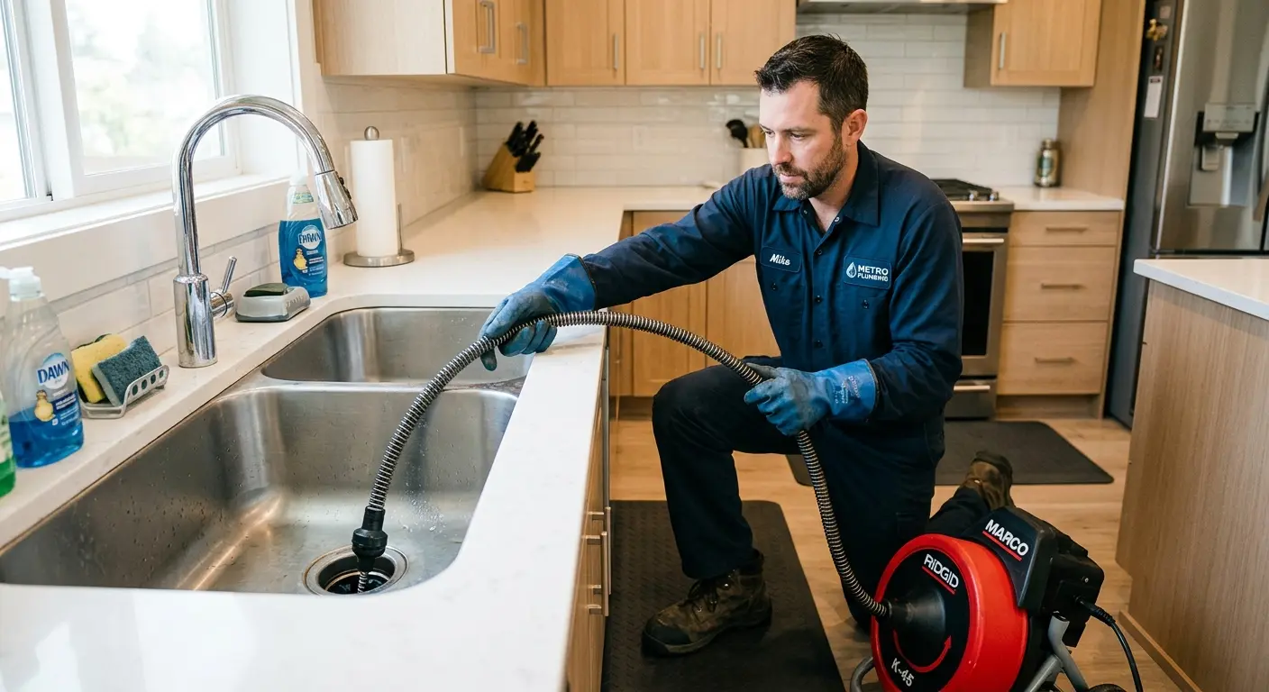 Drain cleaning technician using a motorized snake on a kitchen sink in Eau Claire