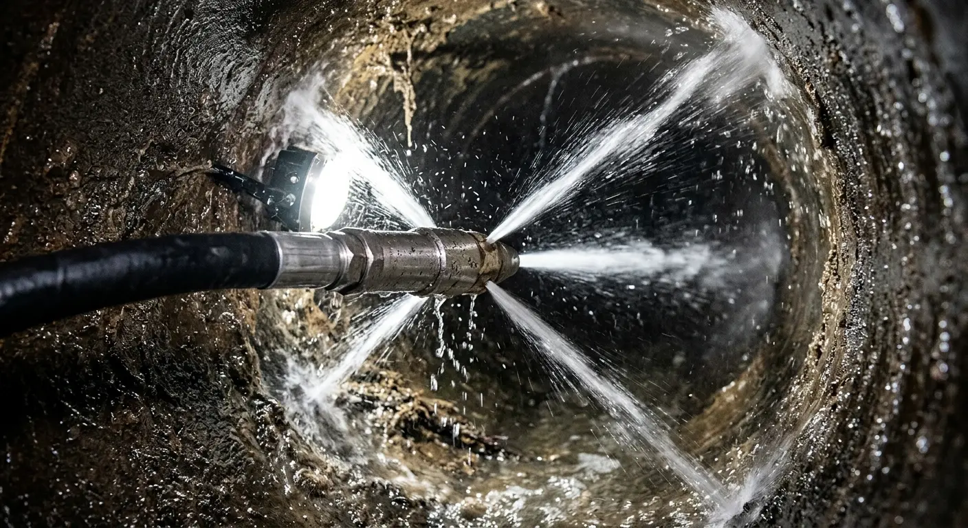 High-pressure hydro jetting nozzle cleaning sewer pipe for Emergency Drain Service in Eau Claire