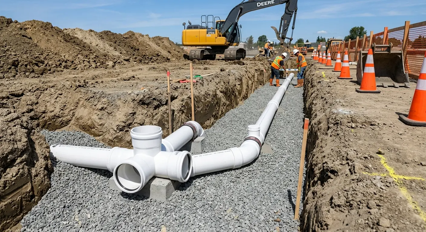 New PVC sewer pipe installation in open trench for Grease Trap Cleaning in Eau Claire