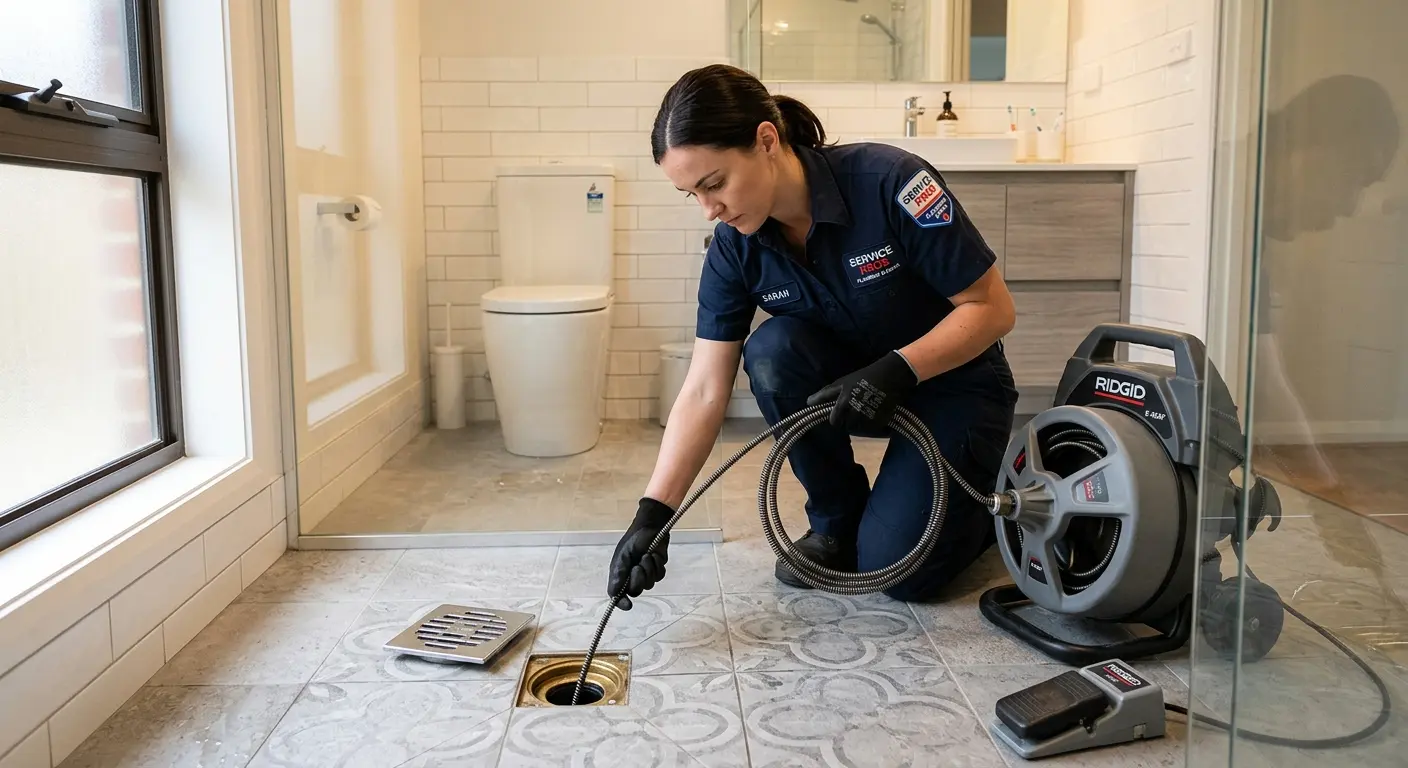 Technician clearing a bathroom floor drain for Sewer Line Installation in Eau Claire